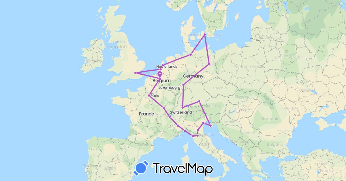 TravelMap itinerary: driving, train in Belgium, Switzerland, Germany, Denmark, France, United Kingdom, Croatia, Italy, Netherlands (Europe)